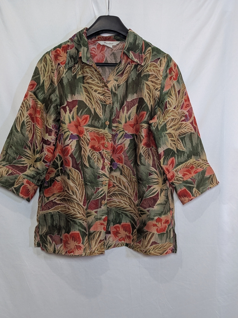 Vintage Women's TanJay Floral Button Front Blouse 90s Tropical Botanical Shirt